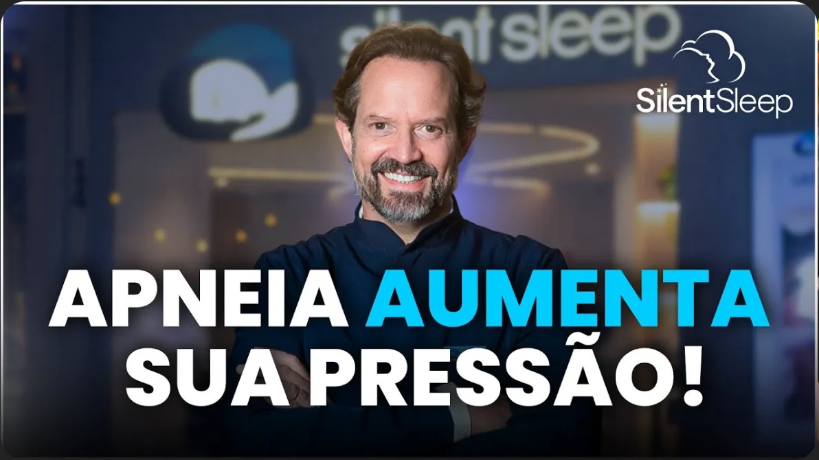 Thumbnail de YouTube: médico sorrindo com o texto “Apneia aumenta sua pressão!”