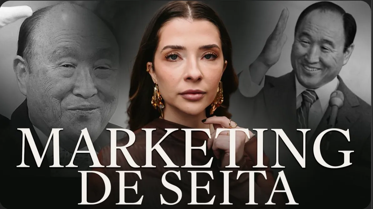Thumbnail de YouTube em preto e branco com o texto “Marketing de seita”