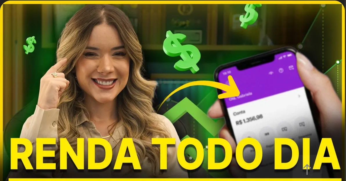 Thumbnail de YouTube de finanças: mulher sorrindo, celular com saldo e o texto “Renda todo dia”