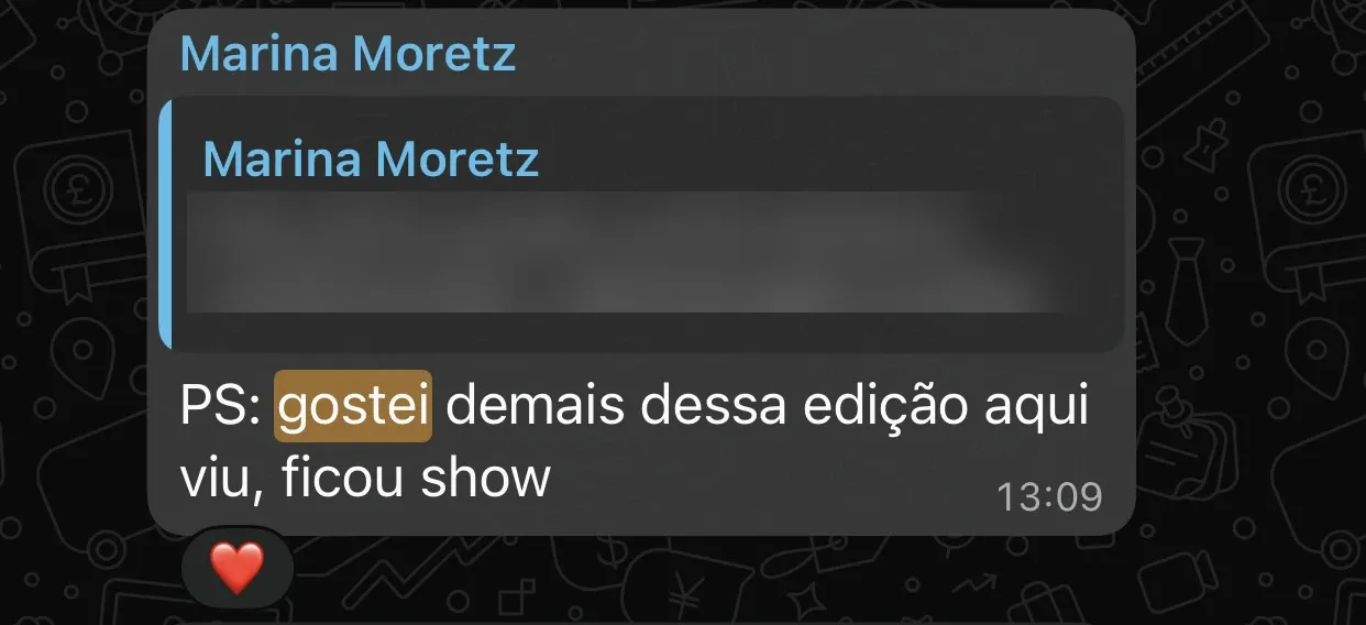 Print de WhatsApp de Marina Moretz: “Gostei demais dessa edição aqui, viu, ficou show”